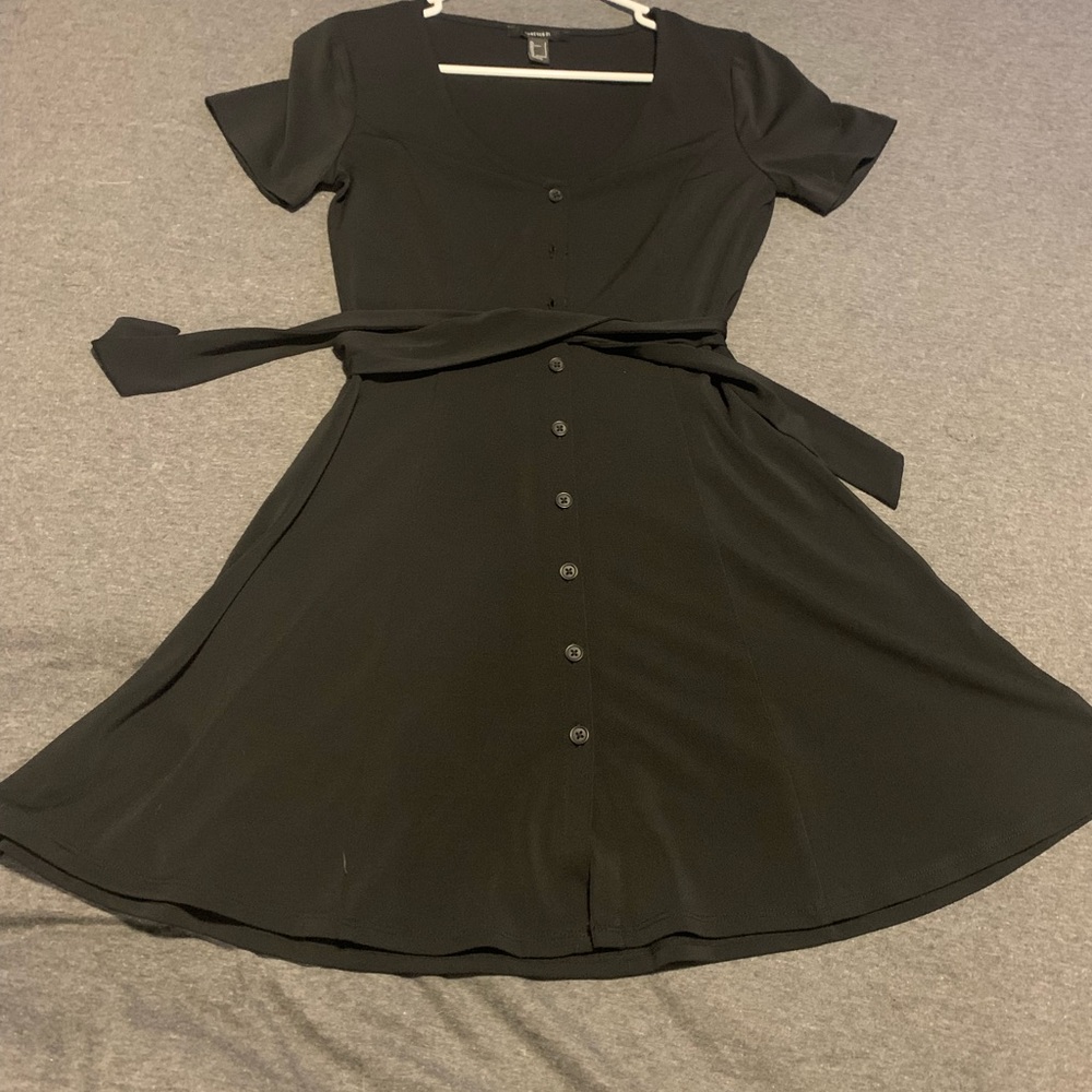 Black, button down summer dress with belt tie